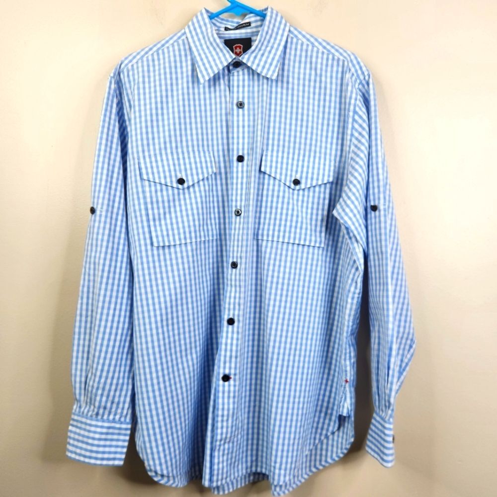 Victorinox Y2K Mens Long Sleeve Gingham Print Cotton Nylon Blend Button Down M